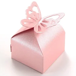 50pcs Pink Butterfly Pattern Wedding Party Gift Boxes Ribbon Candy Bags