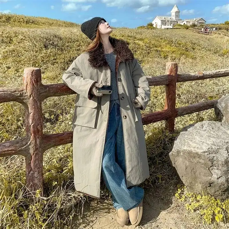 

Green Long Army Lamb Wool Patchwork Rabbit Fur Lined Women's Parka Coat Autumn Winter Thick Warm Long Overcoat 2JM0N