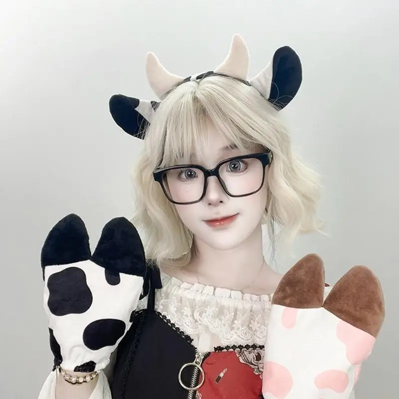 31BF Cow Costumes Cow Ears Headband Tail Paws Gloves Animal Fancy Costume Accessories for Halloween Cosplay Dressing Up