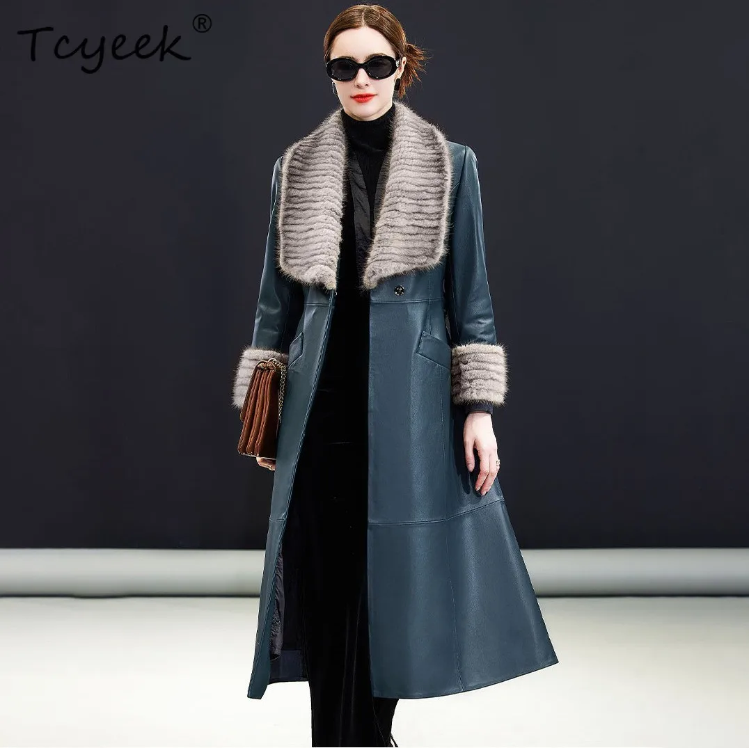 Tcyeek Sheepskin Autumn Winter High End Mink Fur Collar Tied Peacock Blue Women's Genuine Leather Jacket Женская Кожаная Куртка