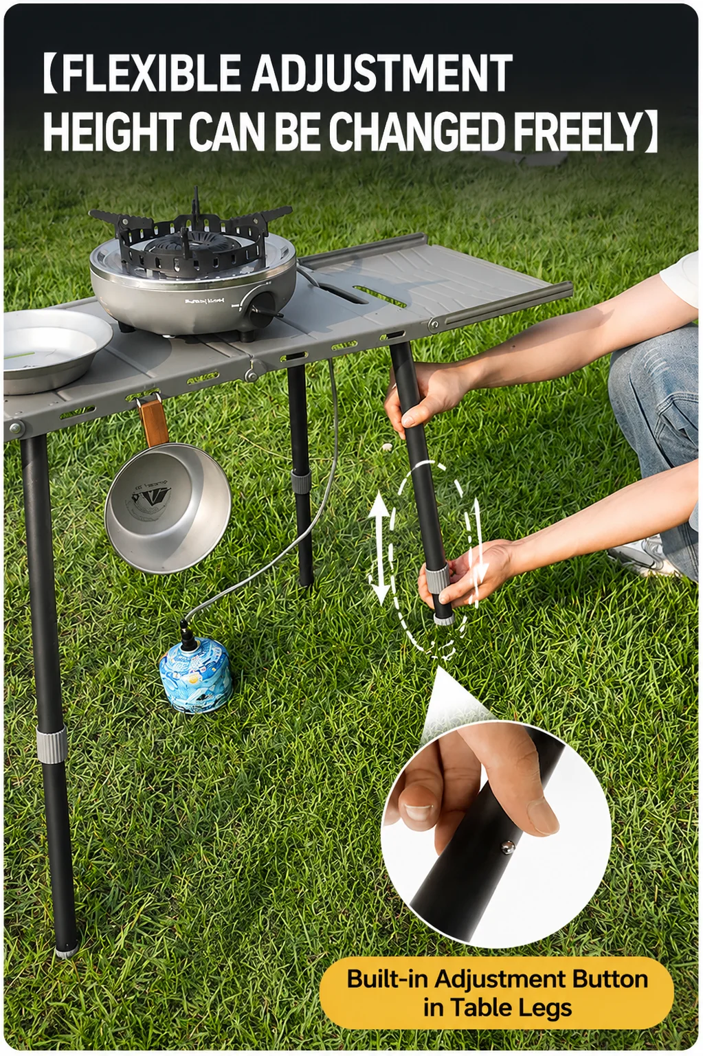 Klappbarer Campingtisch, leichter Outdoor-Tisch mit 4-stufig verstellbaren Beinen, multifunktionaler Kochtisch, Windschutz & Tasche – Detail 9