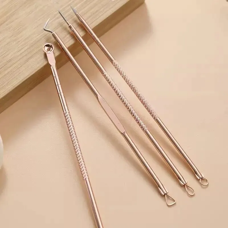 Rose Gold 4 Pcs Plating Double Head Acne Needle Black Head Removal Needle Portable Beauty Tool Set