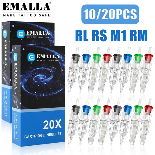 20/10 Uds EMALLA cartucho de agujas de tatuaje RL RS M1 RM aguja de cartucho de seguridad esterilizada desechable para máquina de tatuaje rotativa pluma