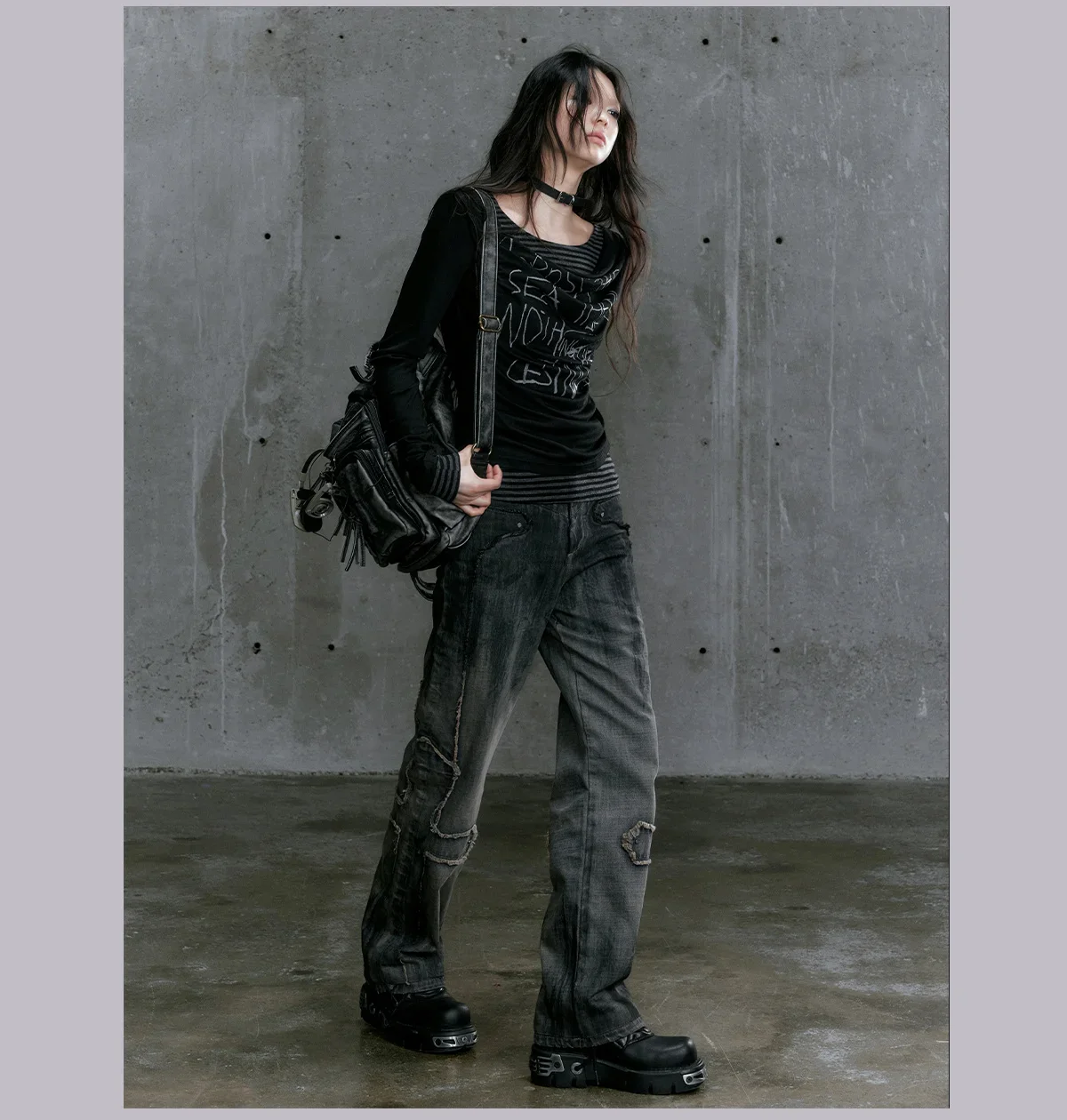 

CestNous Original Design Retro Washed Denim Pants Women Cross Patch Gothic Punk Black Straight Long Jeans Trousers