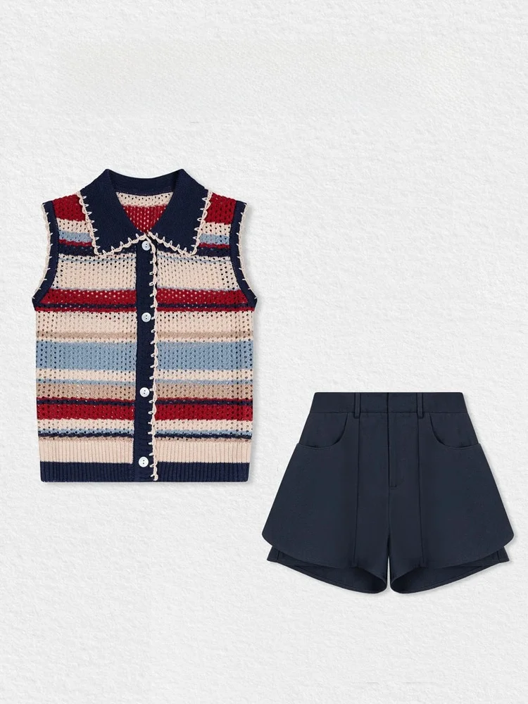

Unique Beautiful Spring Summer Women's Knitted Cardigan And A-Line Skirt Two-Piece Set Stripes Casual Style