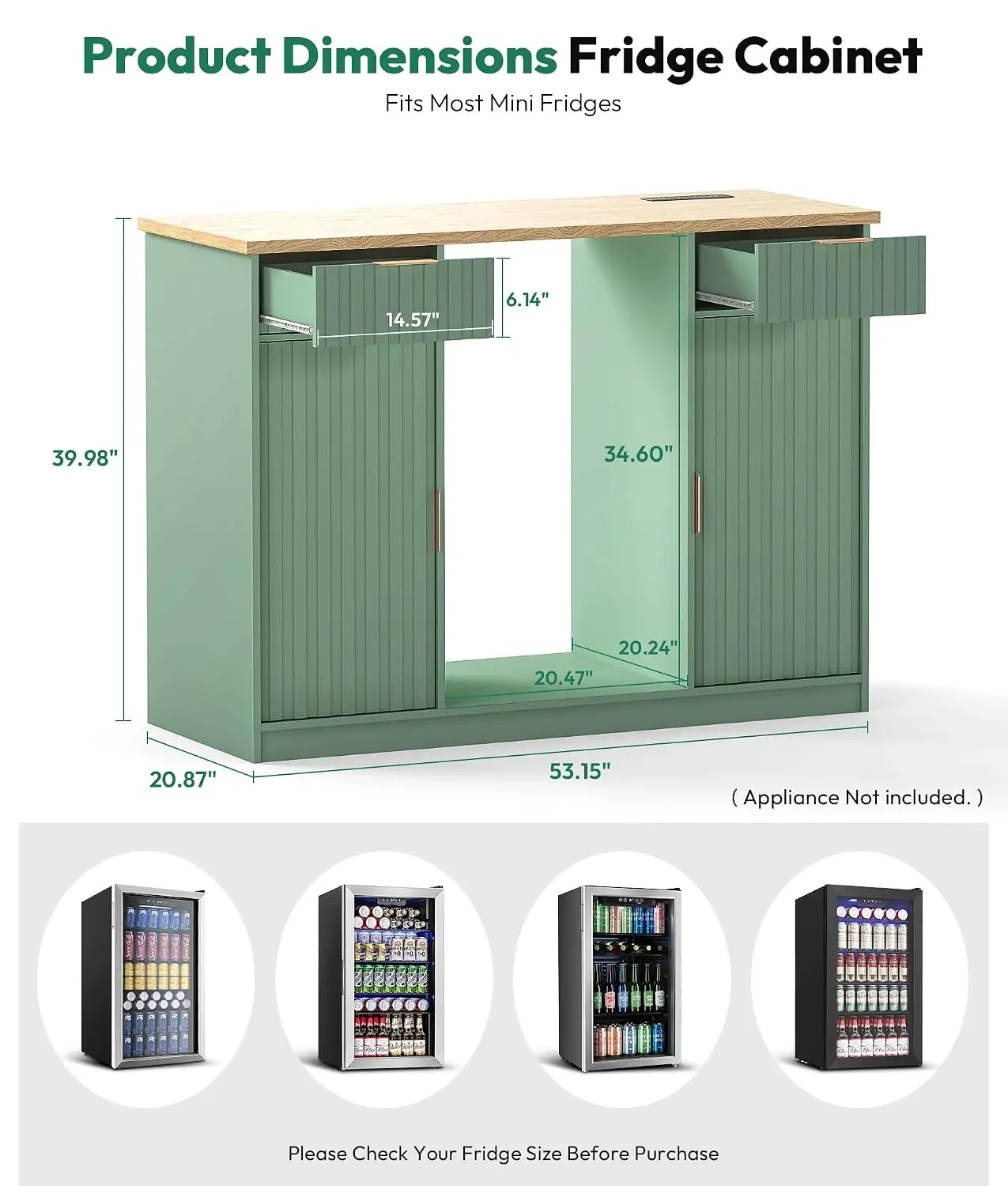 Lamtor Coffee Bar Cabinet with Fridge Space & Power Outlet, Green, Customized