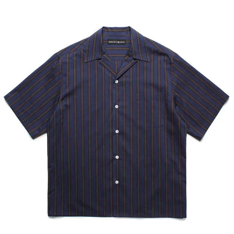 

Navy Blue Brown Striped Wacko Maria Shirt High Quality Trendy Button Pocket Short-sleeve Men Women Casual Shirts