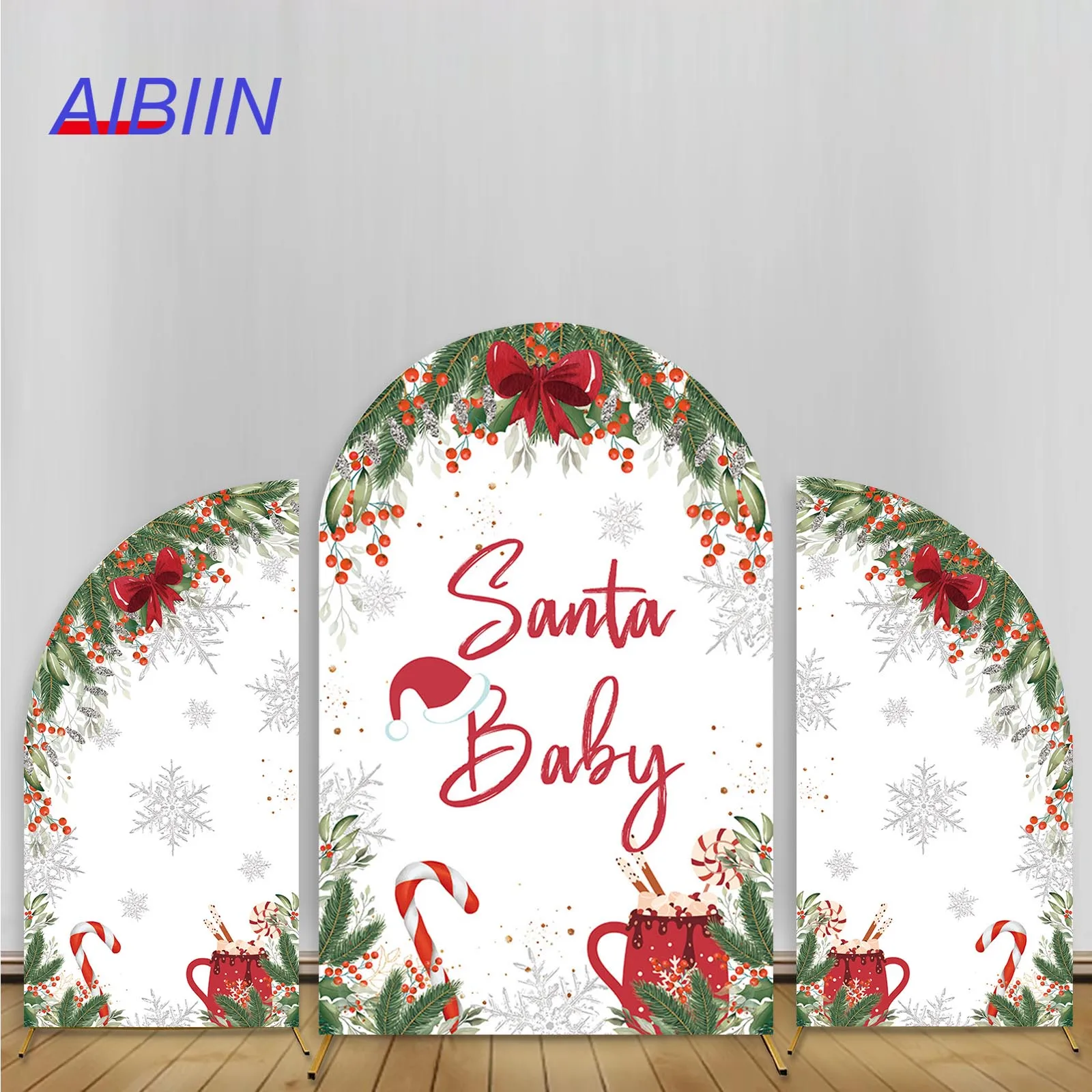 

Santa Baby Shower Arch Backdrop Cover Green Christmas Leaf Red Xmas Baby Hat Snowflakes Party Decor Boy Girl Portrait Photozone