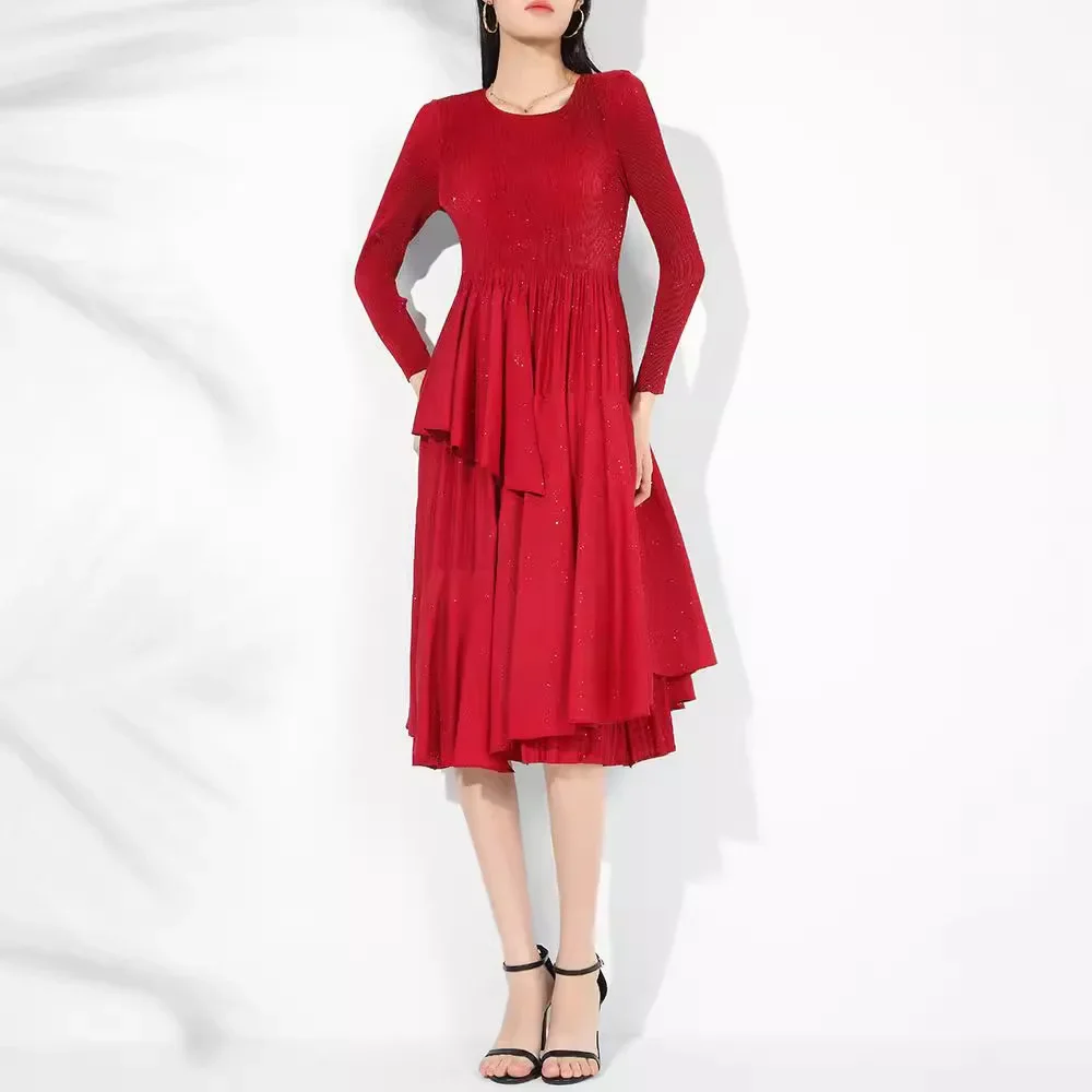 Miyake Pleated Early Autumn High-end Dress, Feminine Commuter Round Neck, Long Sleeves and Waist, Elegant Mid-length Cake Skirt