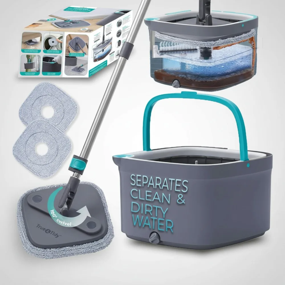 

Dual Compartment Spin Mop & Bucket System - 360° Swivel Head, Built-in Brush, Stainless Steel Handle for Home Cleaning