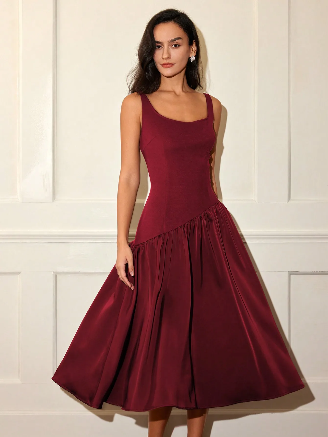 

AEL Ladies Solid Color Sleeveless Dress Fashionable Elegant Casual Patchwork Gown
