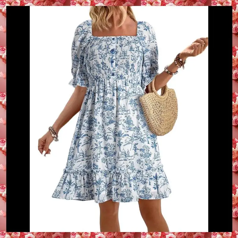 Vestidos casuales de verano para mujer, manga corta, cuello cuadrado, ahumado, vestido veraniego floral bohemio, mini vestido fluido de una línea