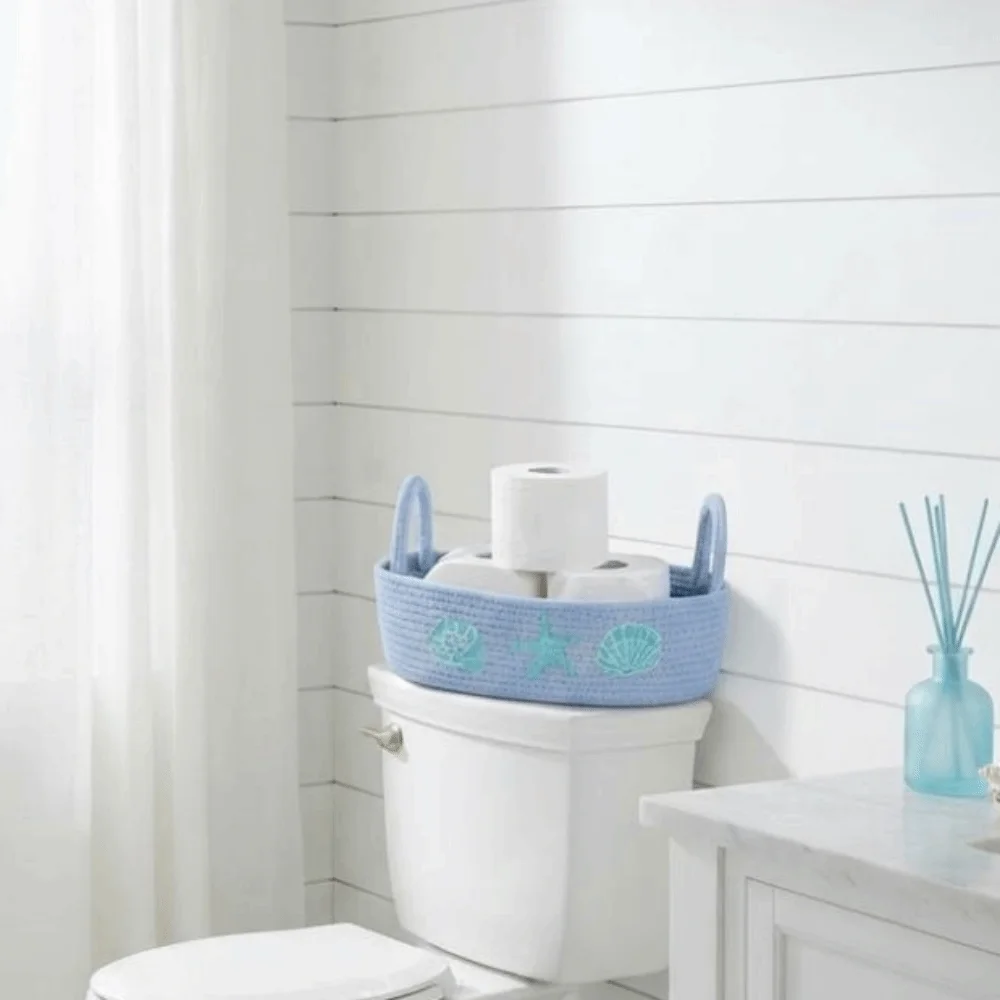Oval Cotton Rope Storage Basket Ocean Style Shell Starfish Embroidery Toilet Paper Basket Decorative with Handle