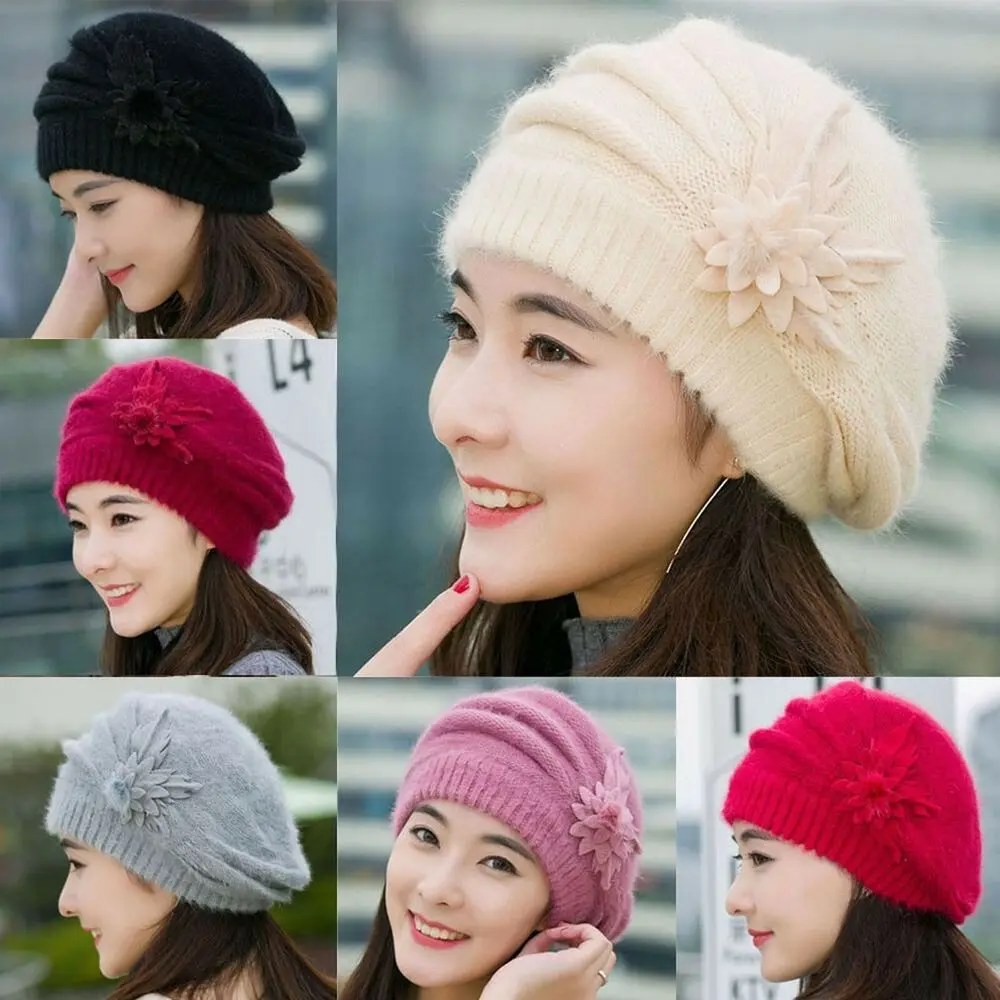 

Women Accessories Knitted Wool Winter Flower Hat Warm Pure Color Mom Hat Soft Female Berets Autumn Winter