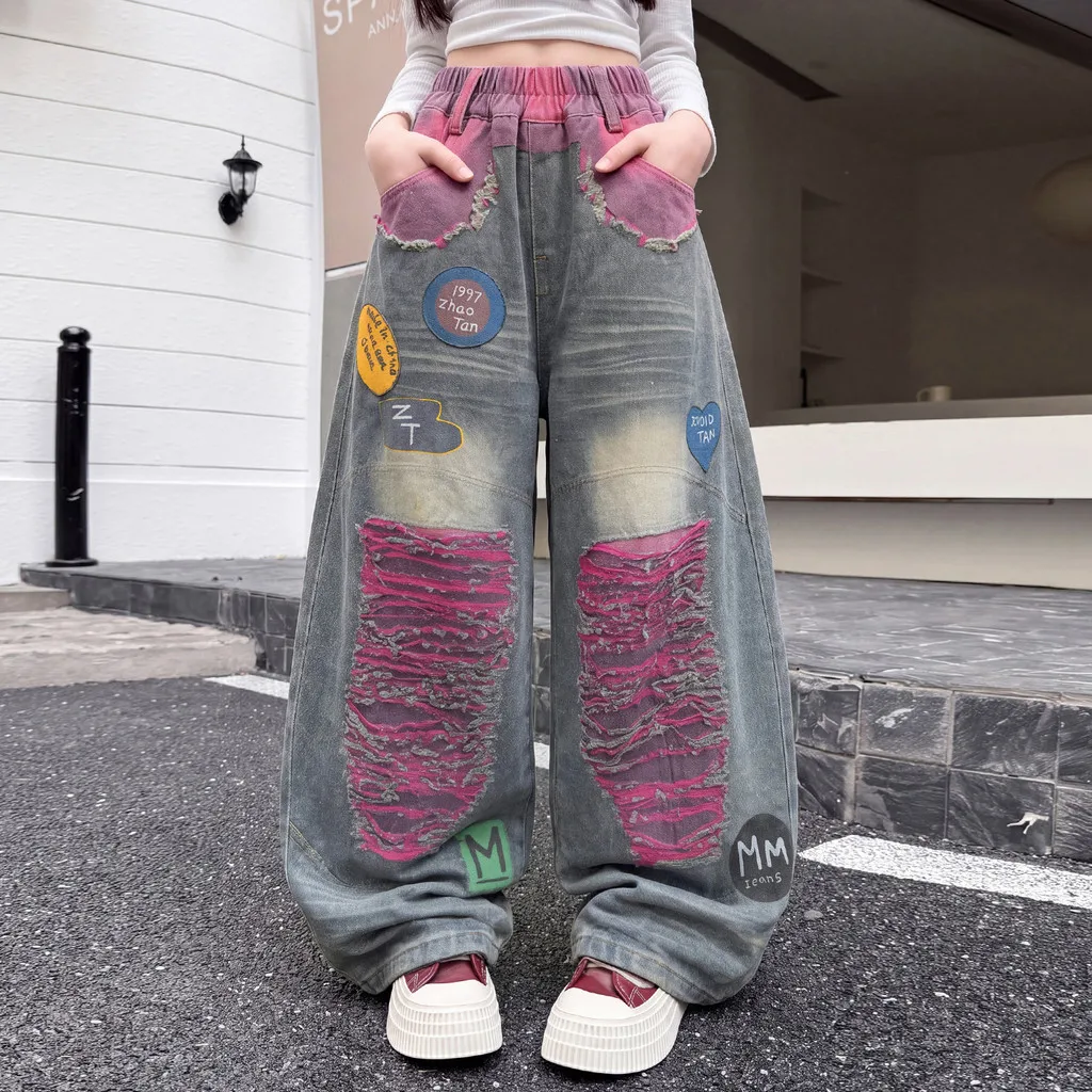 Cool Girls Jeans Pink Ripped Print Autumn Children Wide Leg Pants 2026