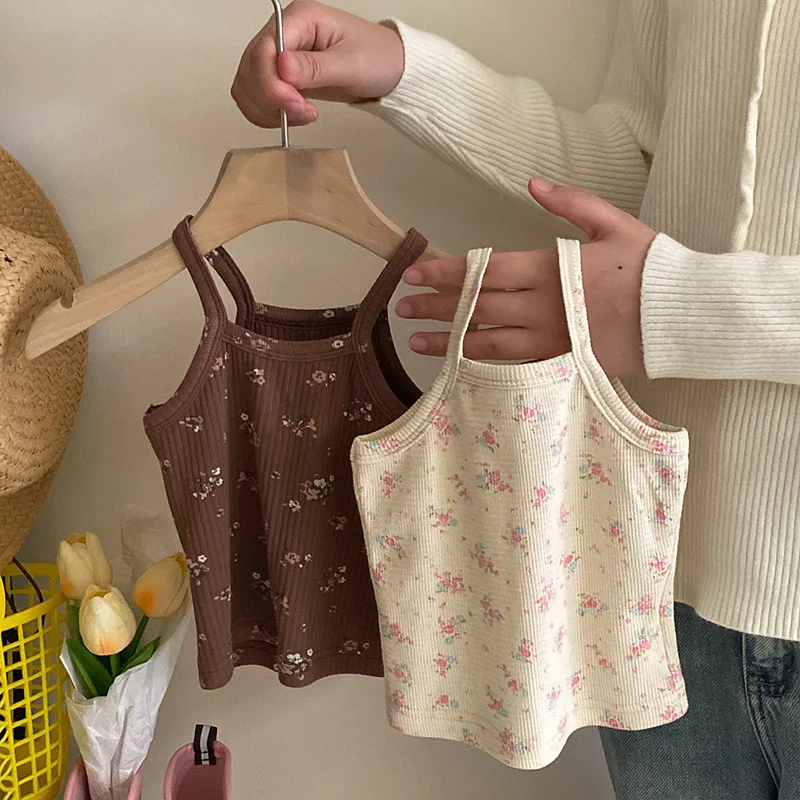 

Корейский стиль, камзол с цветочным принтом для маленьких девочек, новый летний топ для девочек, стильный универсальный повседневный базовый жилет без рукавов с принтом для девочек