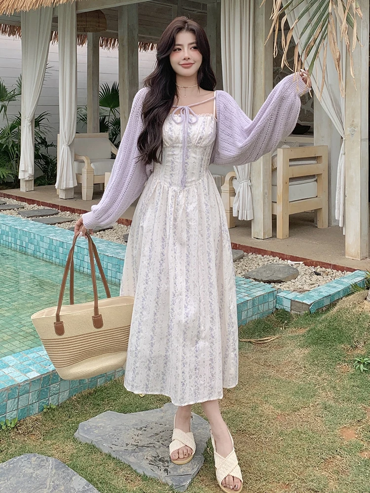 

plus Size Floral Print ter Dr Knitted Outerwear Set High Waist Spring Faion Casual Sle Two-Piece Suit for Women