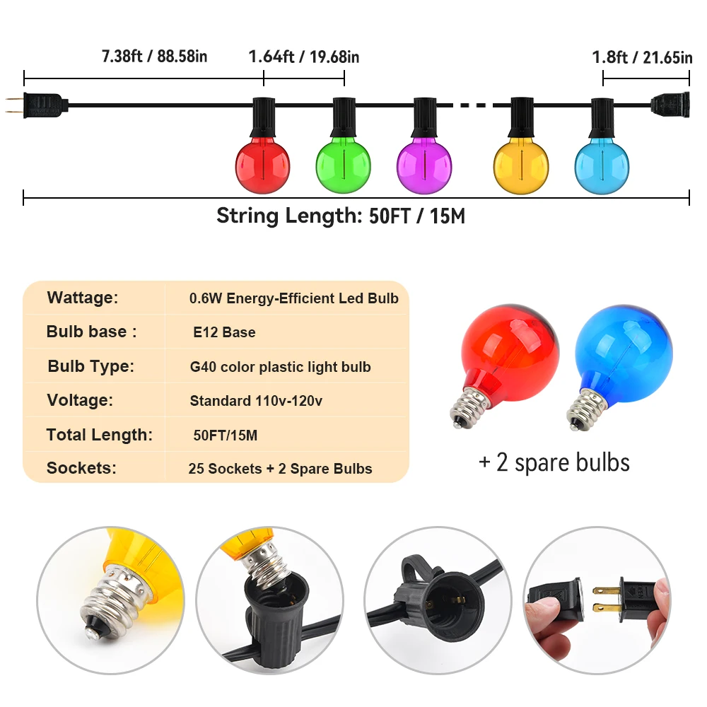 Impermeável LED String Light, Lâmpadas Coloridas, Garland de Rua, Conectável, RGB, Natal, Decoração de Casamento, G40, US 110V, 15m