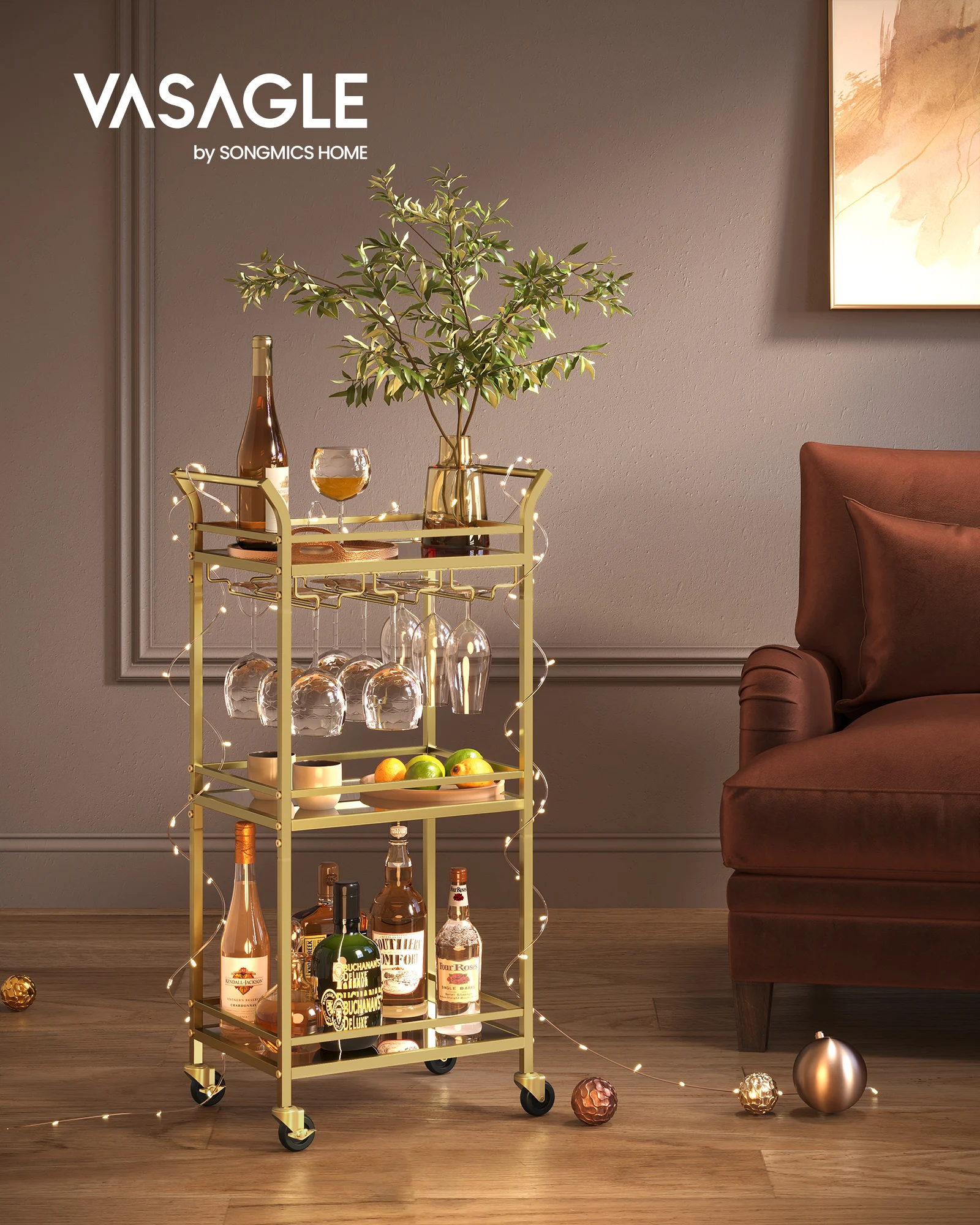 VASAGLE Bar Cart, Home Bar Serving Cart, Small Bar Cart with 3-Tier Shelf, Wine Holders, Glass Holders, Mini Bar Cart