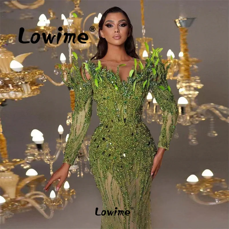 

Gorgeous Green Beaded Long Sleeves Evening Dress Feathers Dubai Women Aso Ebi Party Gowns Vestidos De Noche Mermaid Prom Dresses