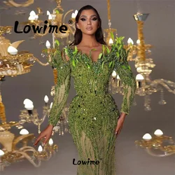 Gorgeous Green Beaded Long Sleeves Evening Dress Feathers Dubai Women Aso Ebi Party Gowns Vestidos De Noche Mermaid Prom Dresses