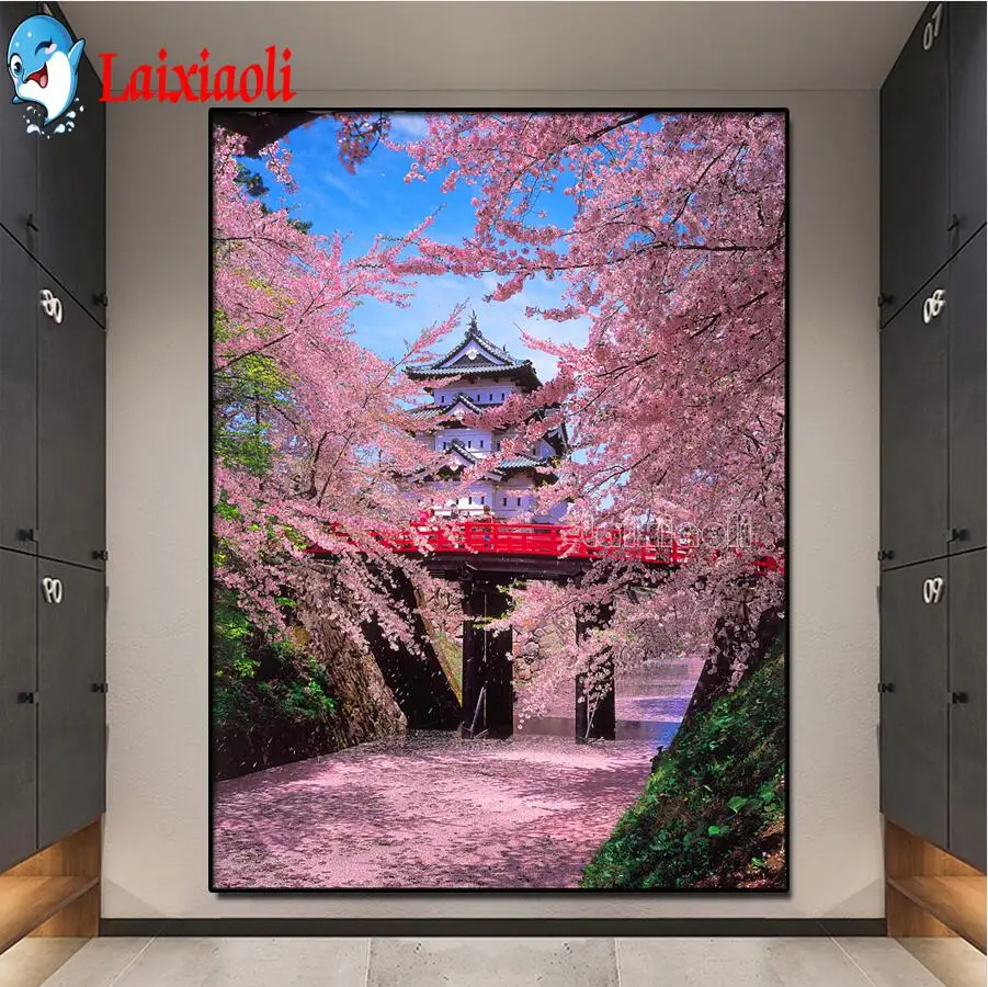 5D DIY Diamond Painting Mt. Fuji, Japan Diamond Embroidery Cherry blossom temple scenery Mosaic Picture Cross Stitch Home Decor