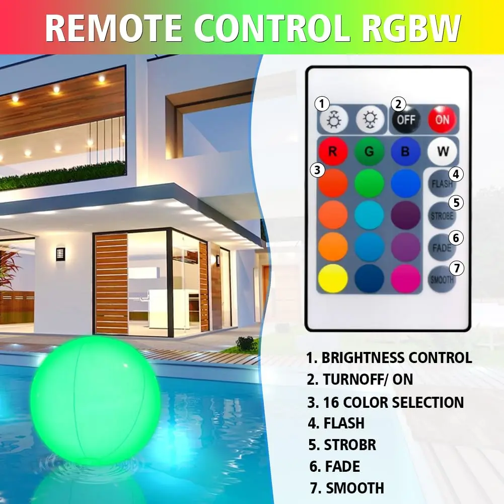 2 Piece Inflatable LED Luminous Water Ball, Ø 40cm Floating Pool Lighting,Waterproof Beach Ball with Remote Control