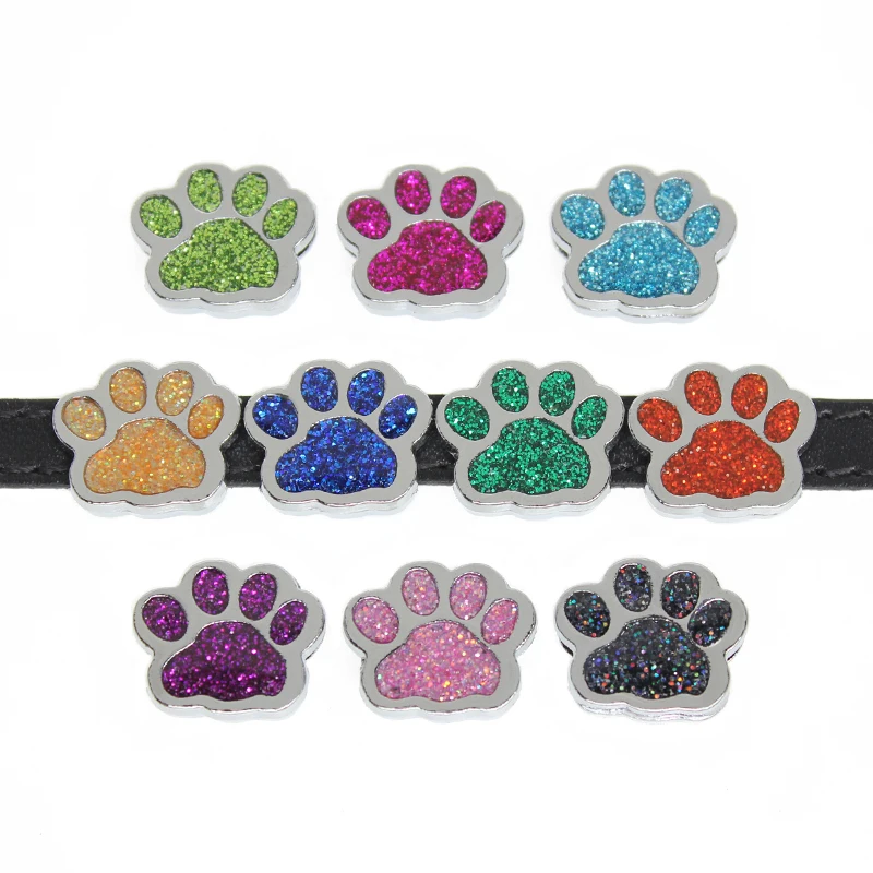 10PC/lot Hole 8MM Paw Slide Charm Glitter Footprint diy charms Fit For Bracelet wristband pet collars Jewelrys Making