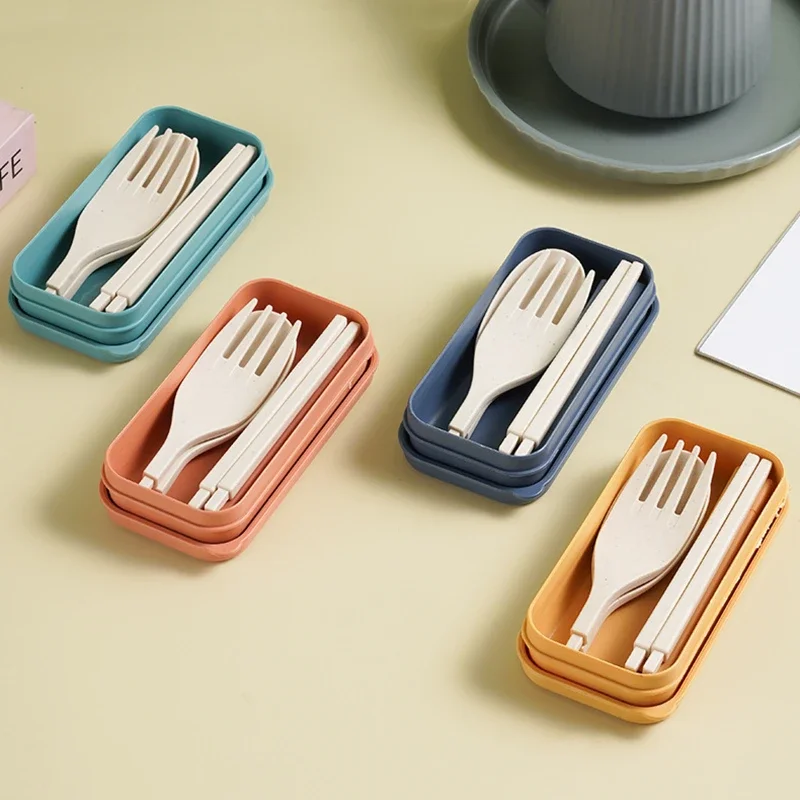 3/4PCS Wheat Straw Cutlery Set With Box Tableware Spoons Forks Chopsticks Detachable Portable Travel Camp Kitchen Accessories