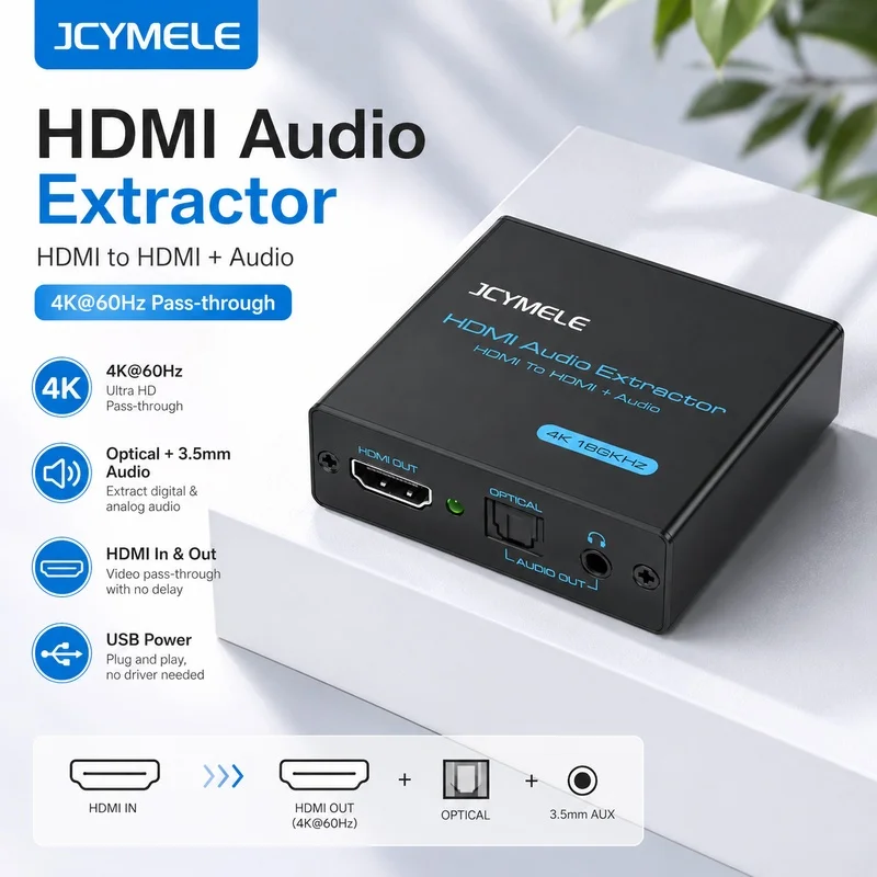 4K 60Hz HDMI Audio Extractor Converter, Optical SPDIF + 3.5mm AUX with DTS 5.1/Dolby/PCM Decoder for TV PC Projector JCYMELE