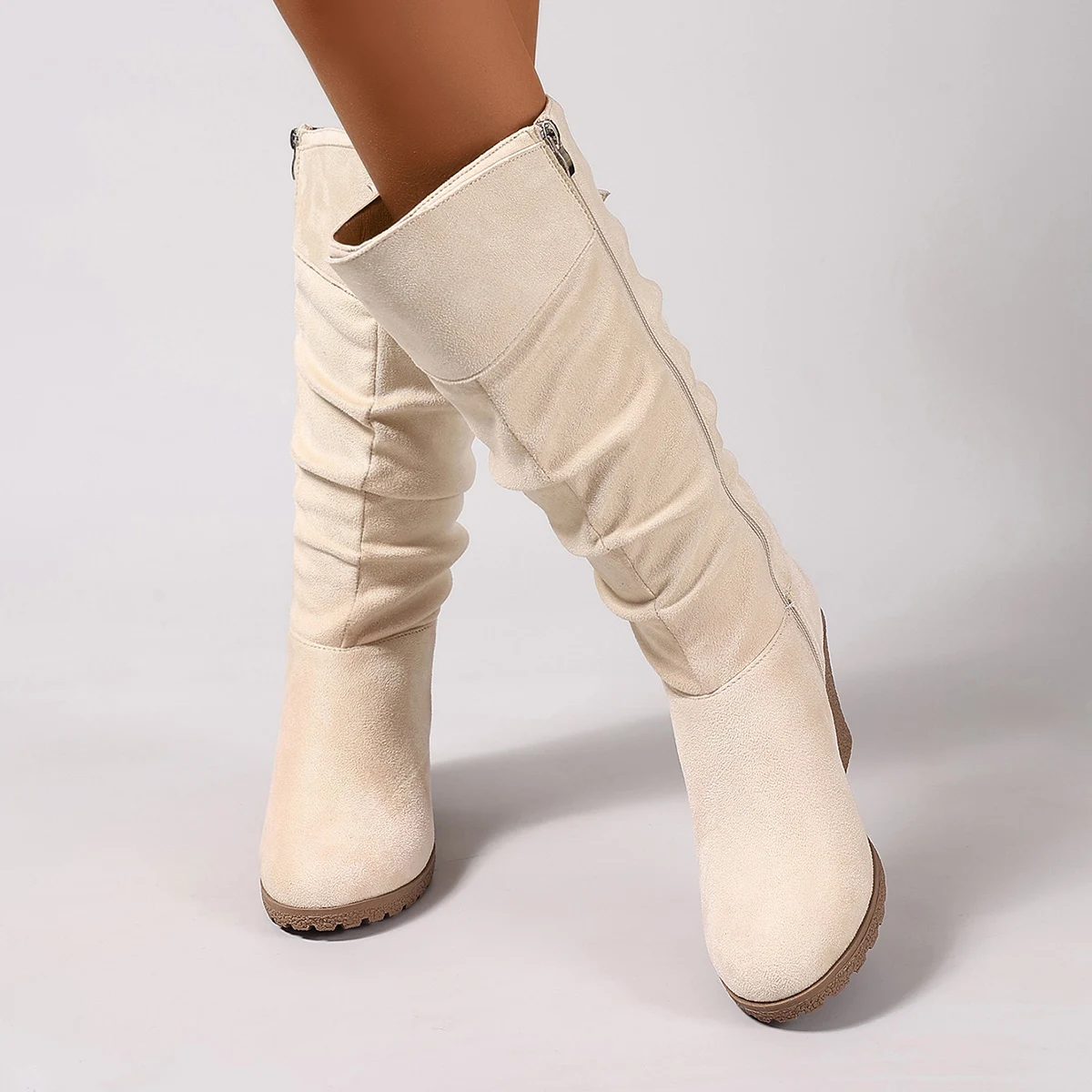 

Buckle side zippers boots, high top wedges, round toes, solid colors, fashionable and comfortable, versatile women's wedge boots