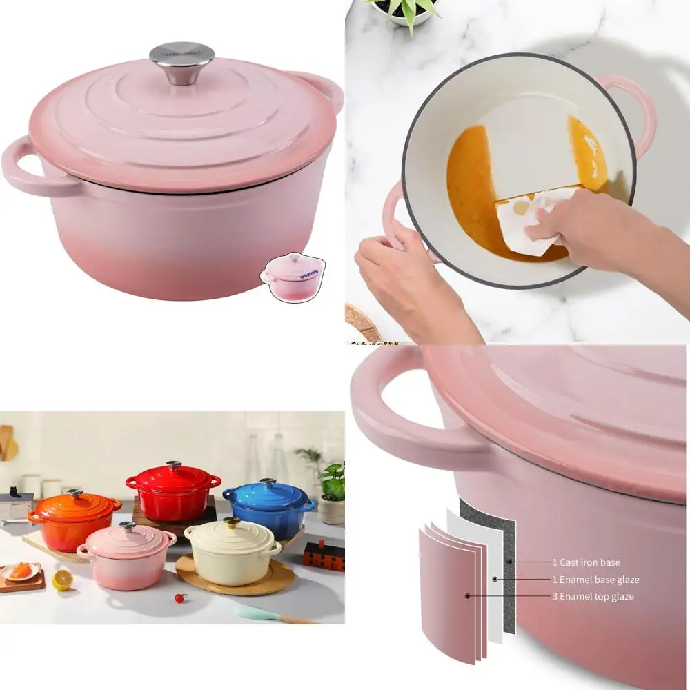 

Pink Heavy-Duty 5.5QT Enamel Cast Iron Dutch Oven Pot with Lid for Bread Baking, Braising, Stews, and Roasting | Perfect Cookwar