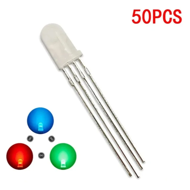 Image of 50 Stück 5 mm Vollfarb-LED RGB Rot/Grün/Blau, gemeinsame Kathode/Anode, vier Beine, transparentes, helleres Farblicht, 5 mm Diode, bunt