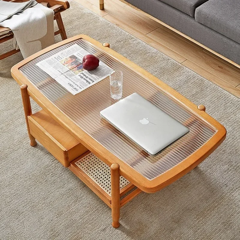 Japanese coffee table living room household solid wood double-layer Changhong glass rattan tea table small