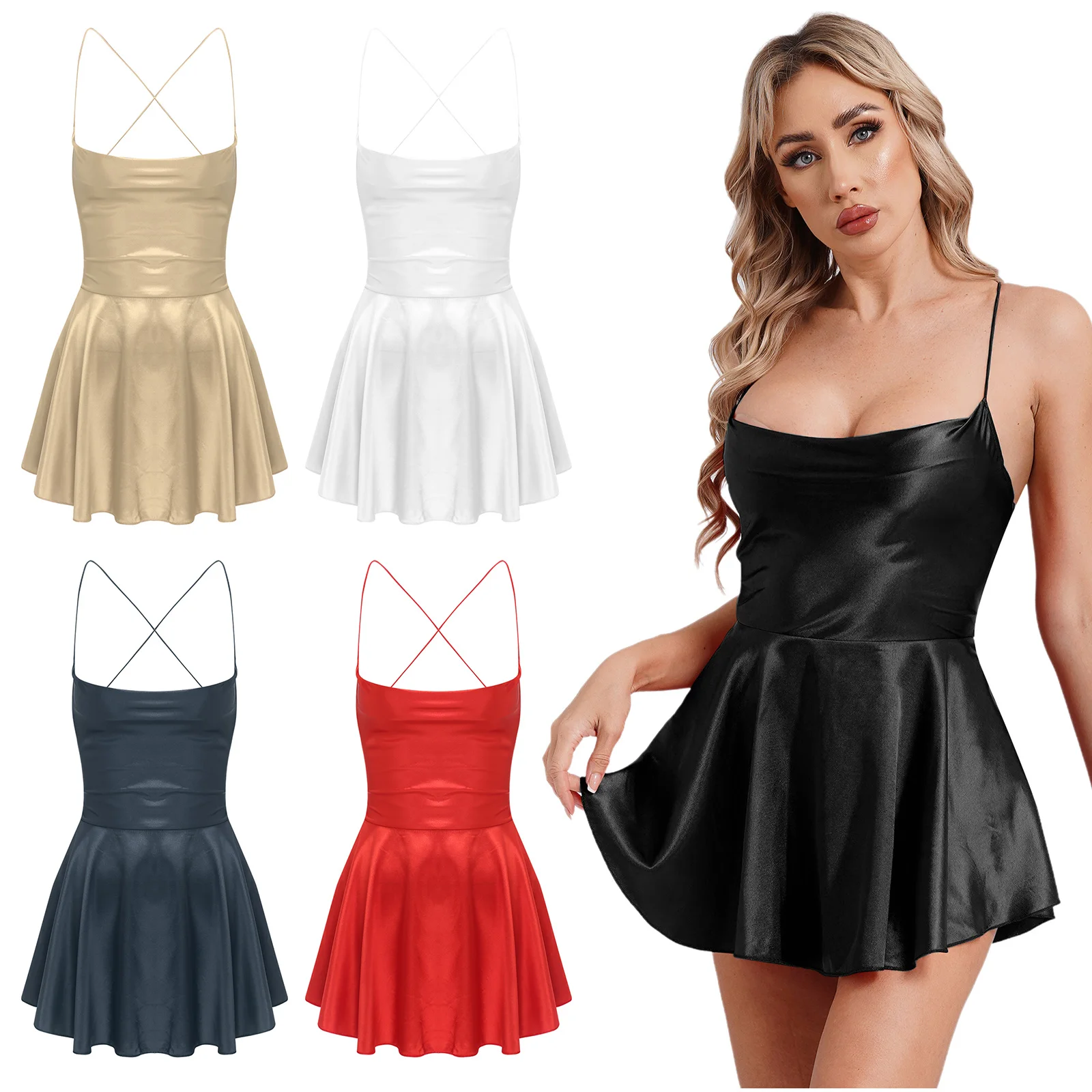 Womens Satin Cowl Neck Sexy Minidress Rave Party Backless Hot Dresses Sleeveless Spaghetti Straps Lace-up Dress for Night Club