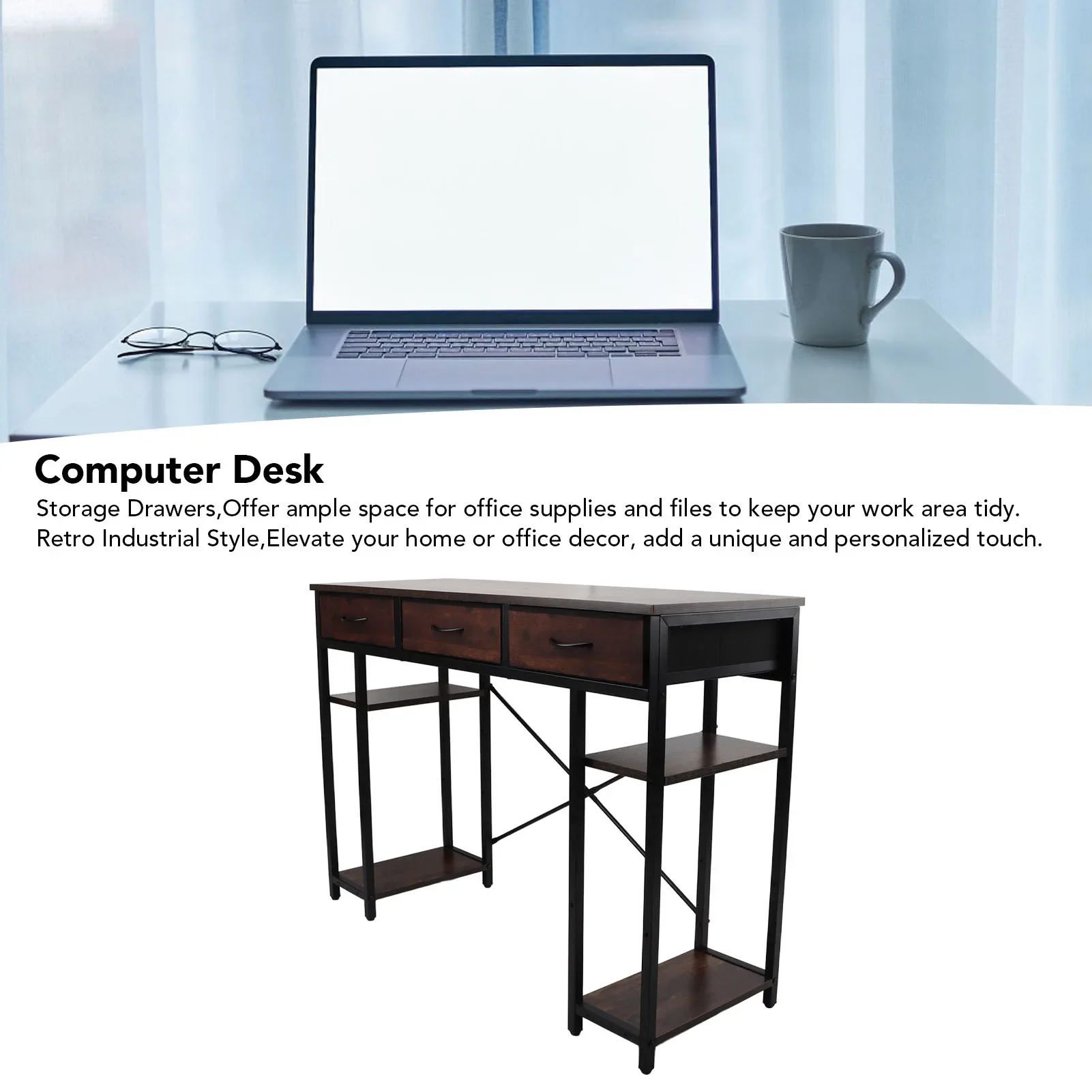 

Computer Desk Retro Style Convenient Drawer Versatile Sturdy Structure Office Computer Desk Gaming Study Writing Table for Home