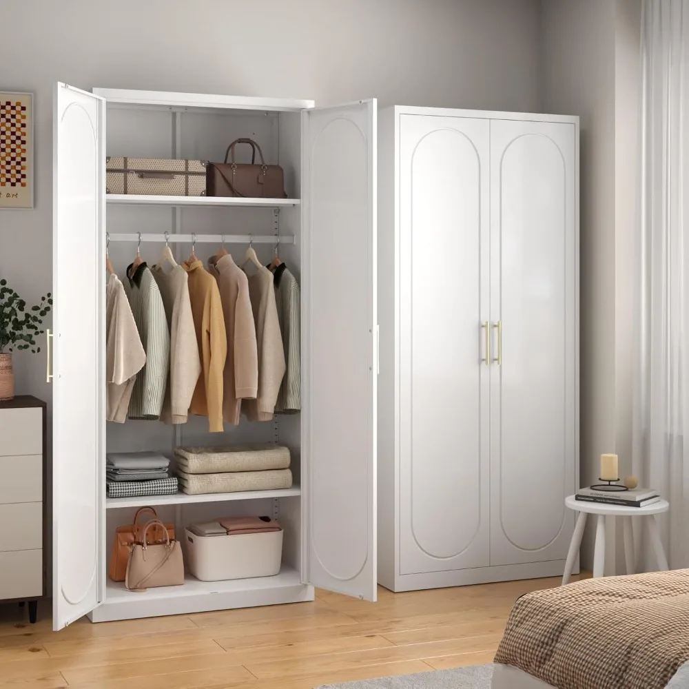 

71" Metal Armoire Wardrobe Closet with Doors，Tall Clothing Storage with Adjustable Shelves and Hanging Rod,White Wardrob