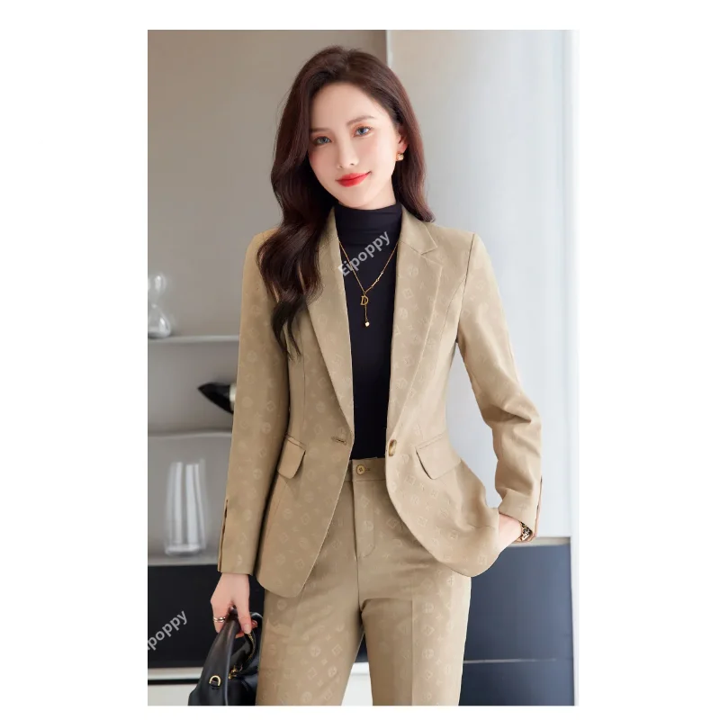 

2024 Fashion Printing Women Pant Suit Apricot Black Elegant Business Office Ladies 2 Piece Set Female Formal Blazer and Trouser