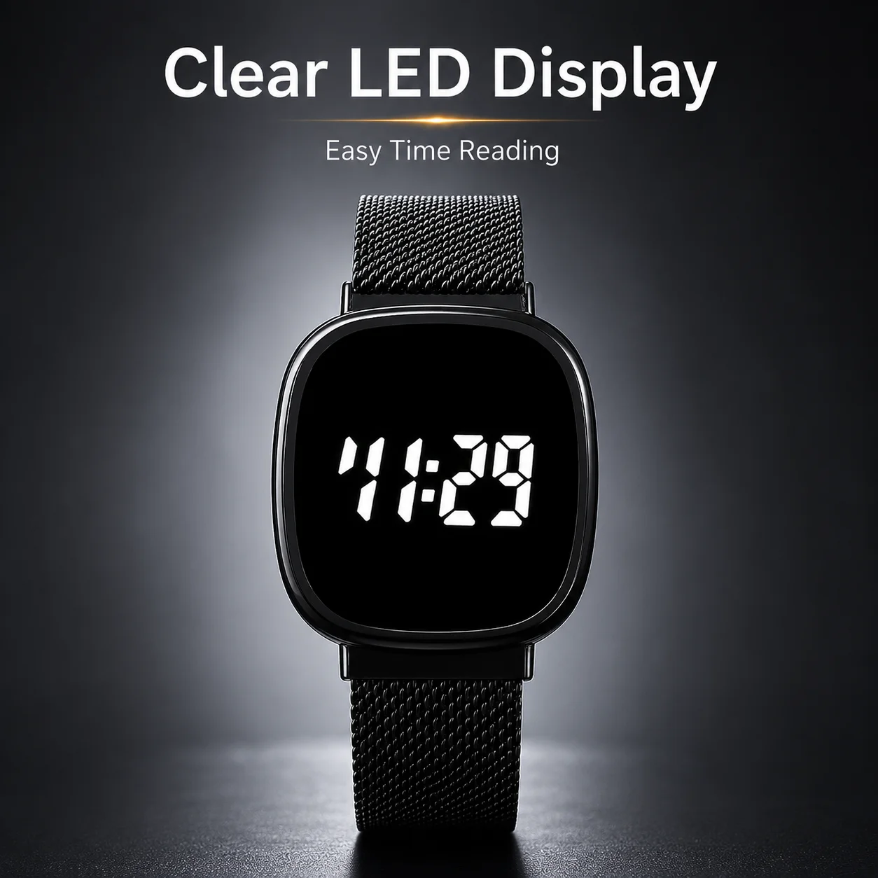 LED Digital Display Metal Mesh Strap Watch, Unisex Rounded Square Electronic Wristwatch.