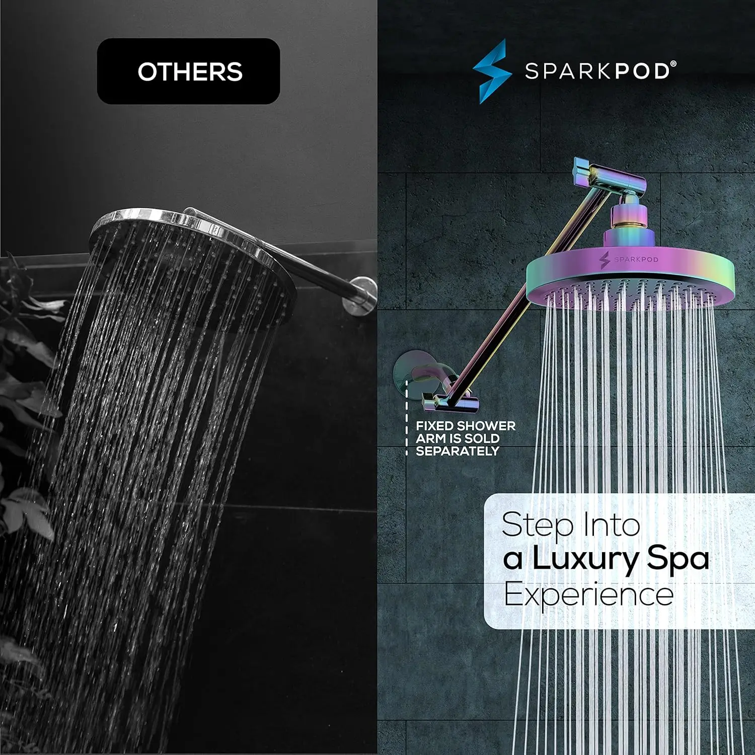 Sparkpod Round Rain Shower Head With Shower Head Extension Arm - High Pressure Rain - Luxury Modern Look - No Hassle Tool-Less