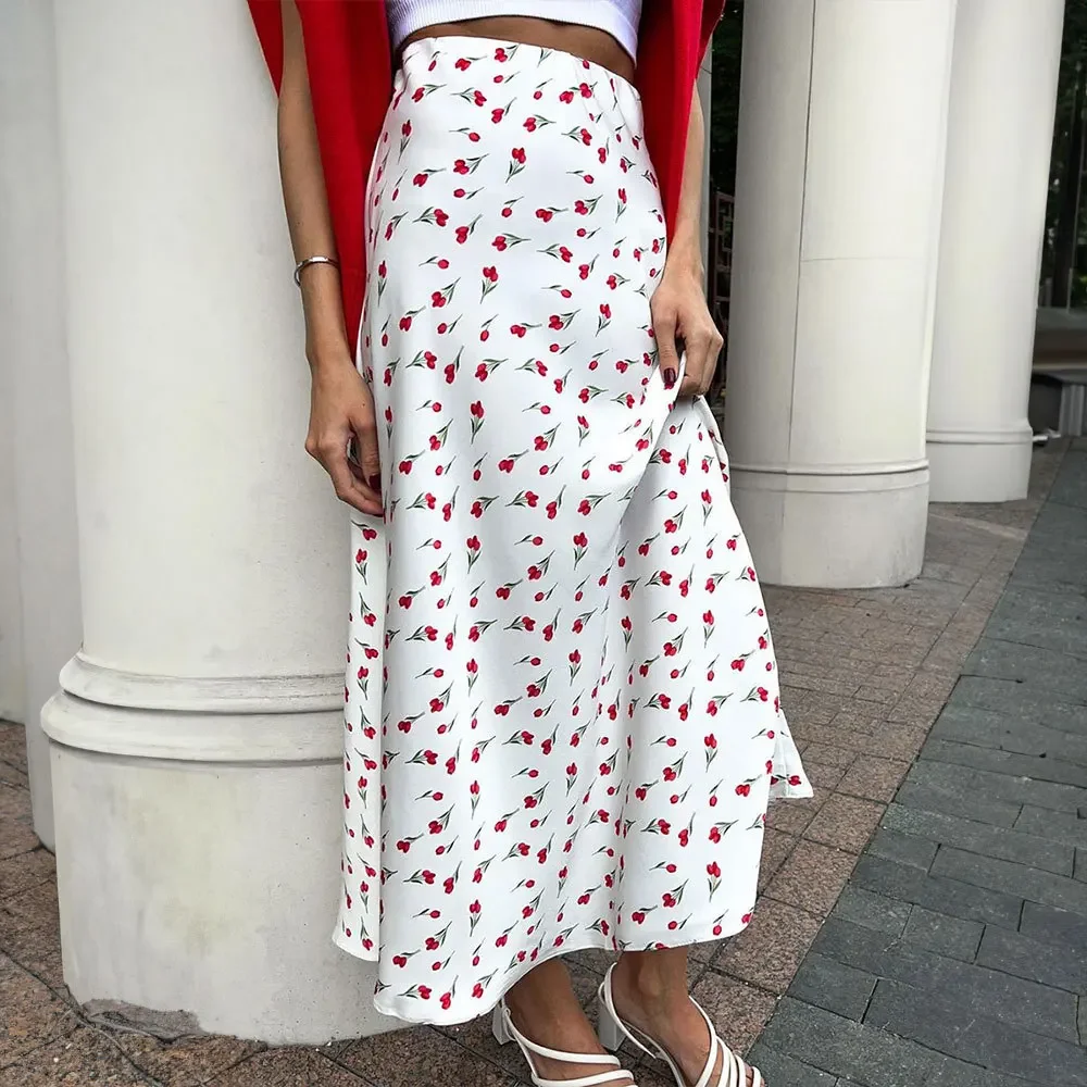 

Mid-length Floral Skirt European and American 2024 Spring Elegant High-waisted A-line Fishtail Cherry Print Skirt