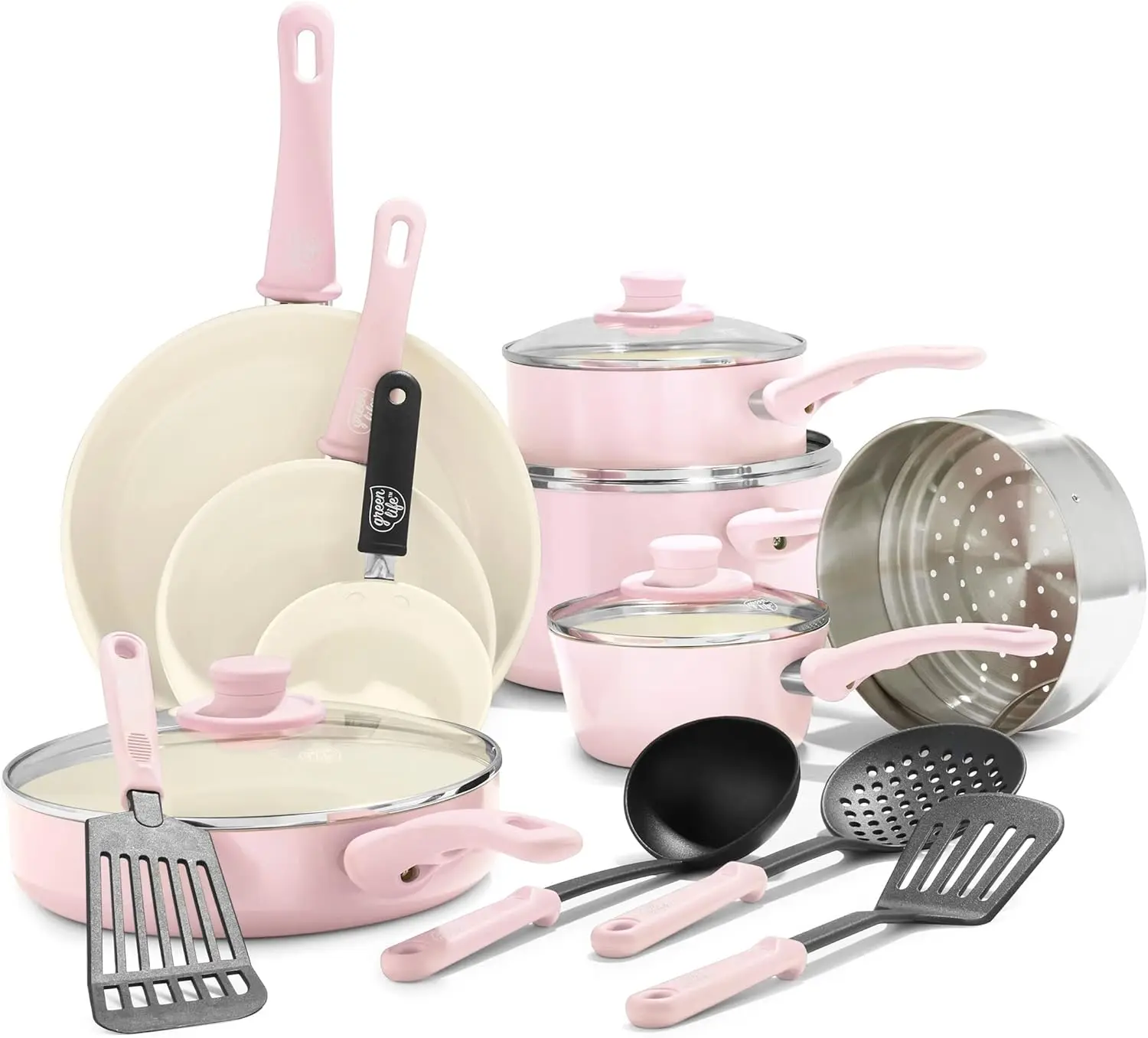 

16-Piece Nonstick Cookware Set, PFAS-Free Ceramic Pans, Dishwasher & Oven Safe, Pink, Glass Lids, Stay-Cool Handles