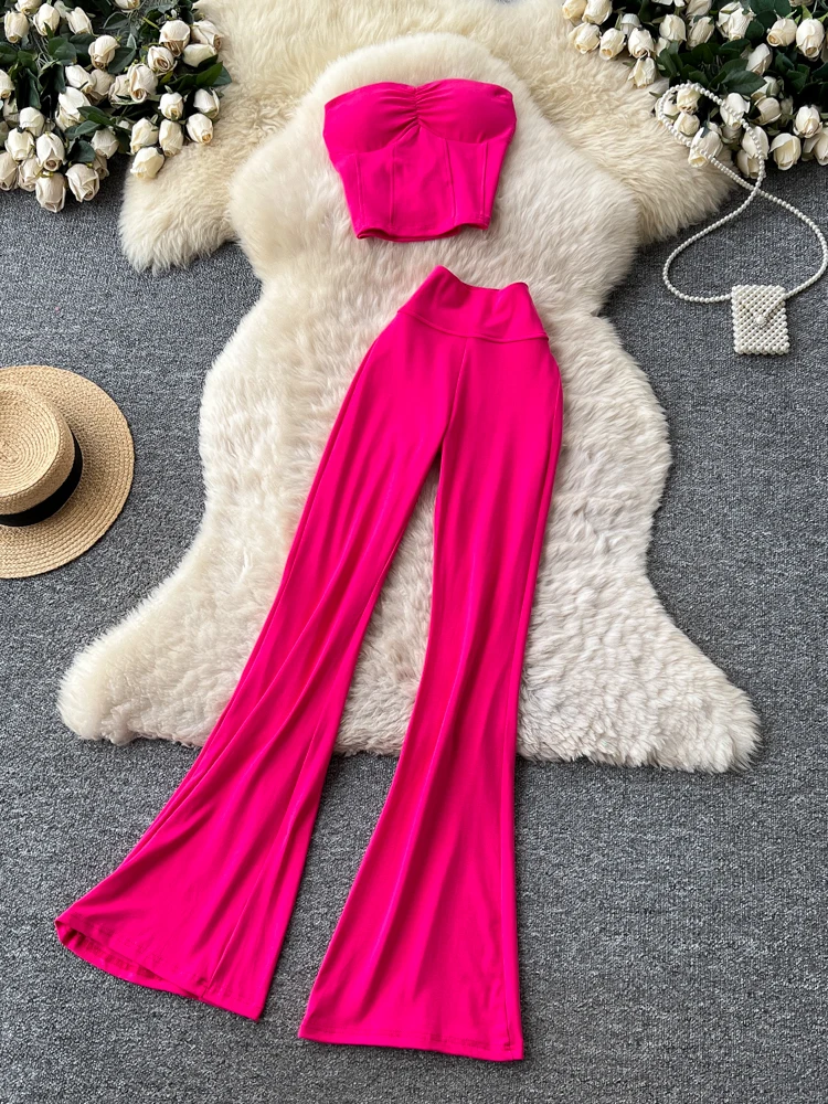 Sexy Commuter Style Strapless Vest Hot Pants Women's Summer Casual Two-Piece Set High Waist Bell Bottoms Trendy Outfit