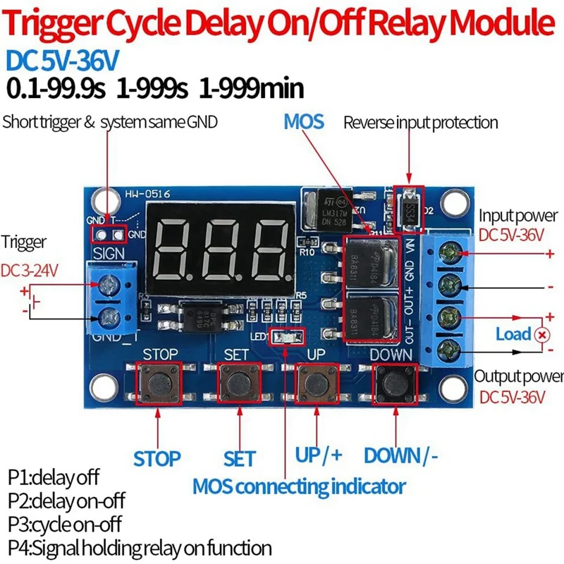 DC 5V-36V Delay Time Module Switch Infinite Loop Digital LED Display Dual MOS Tube Control Board Instead Of Relay Module