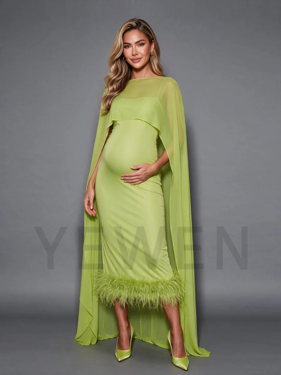 Green Ostrich Feather Hem Maternity Baby Shower Dress with Flowing Cape Pregnancy Dress Photo Shoot YD260835 view 4