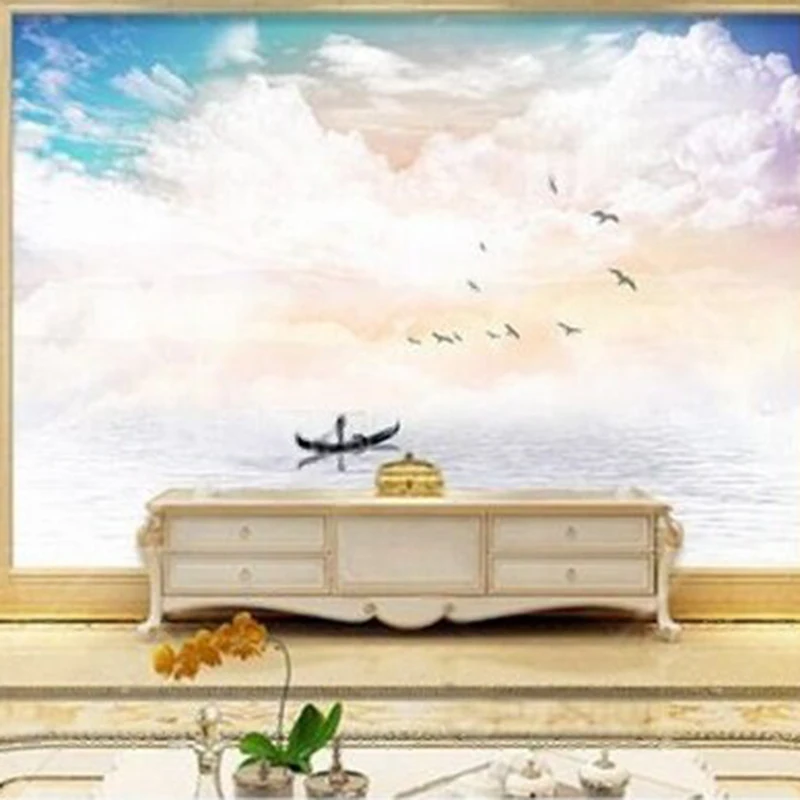 

Modern simple and new Chinese-style blue TV sofa background wall with a distant mountain fairyland