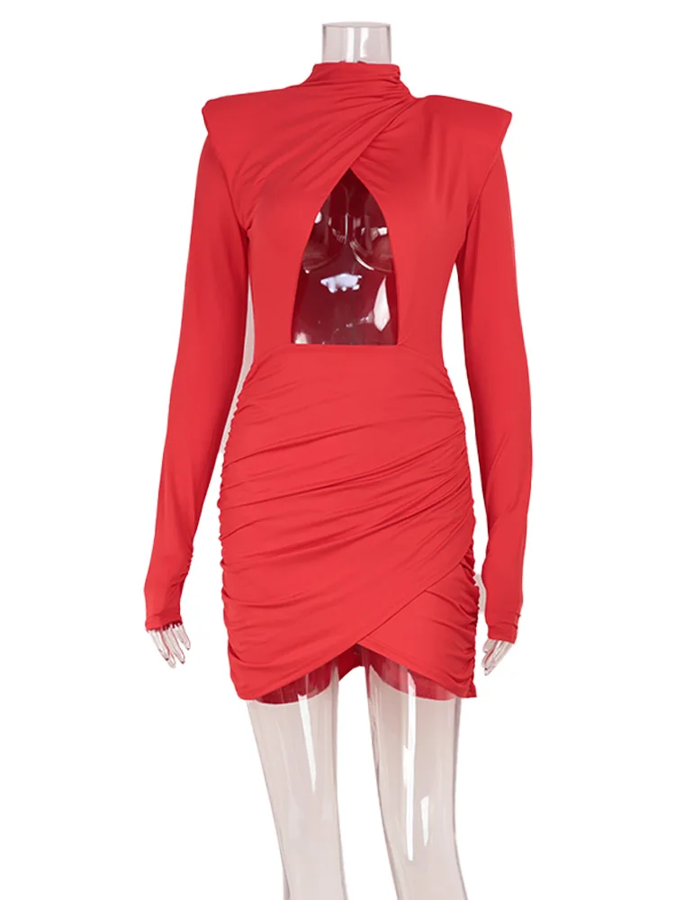 فساتين عصرية أنيقة من Ahagaga للنساء بسحاب سادة وغمد مطوي ومفرغ وأكمام طويلة عادية ووسادة كتف بياقة مدورة