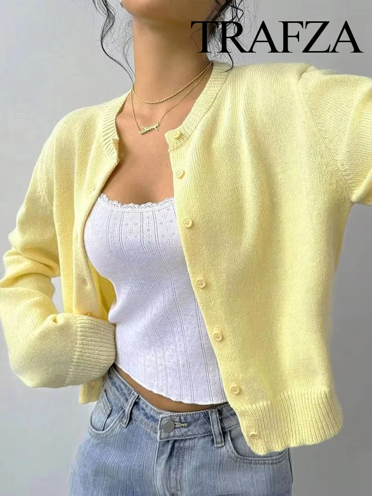 

HH Women French Cream Solid Knitted Long Sleeve Sweater Female Simple Crew Neck Single Breasted Thin Casual Cardigan Sweater