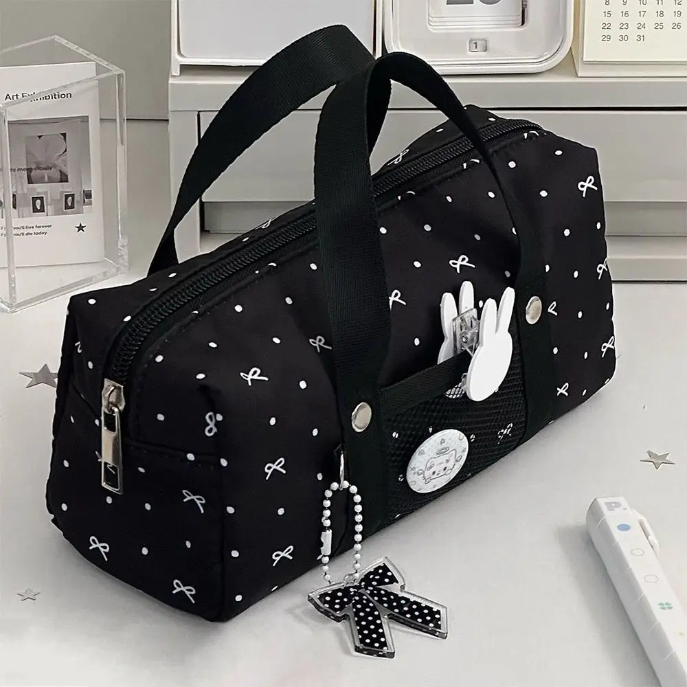 INS Black Polka Dot Pencil Case Bow Pattern Multi-functional Pen Bag Large-capacity Stationery Organizer School Supplies