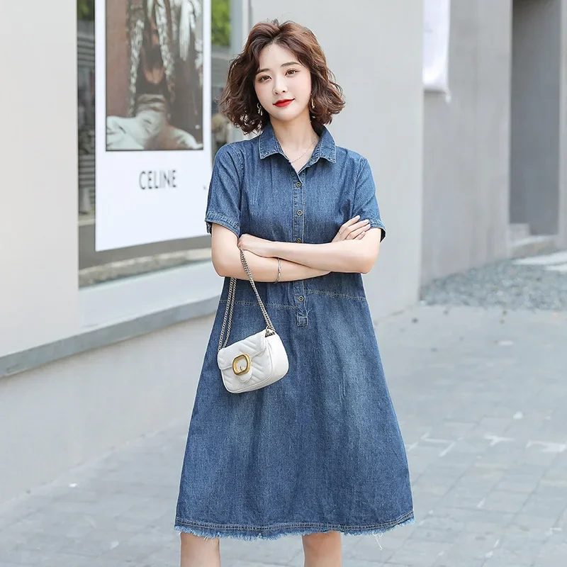 Summer New plus Size Korean Version Denim Dress Midi Short Sleeve Faded Dress Women's Fashion plus Size Clothing